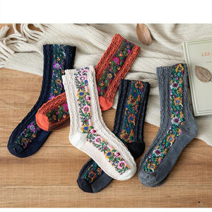 VINTAGE SOKKEN MET BLOEMEN BORDUURWERK (5 PAAR)